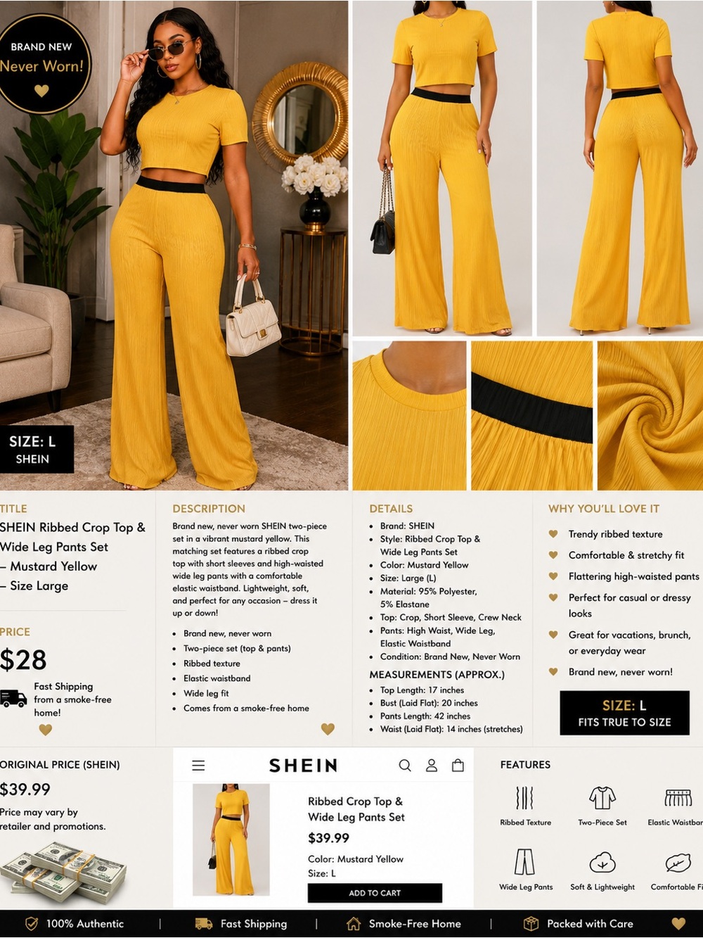 SHEIN Mustard Yellow Ribbed Crop Top & Wide Leg Pants Set